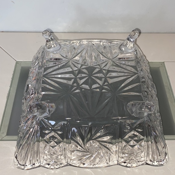 MidCentury Bohemian Footed Lead Crystal Square Scalloped Edge Star Pinwheel Bowl - Picture 7 of 14